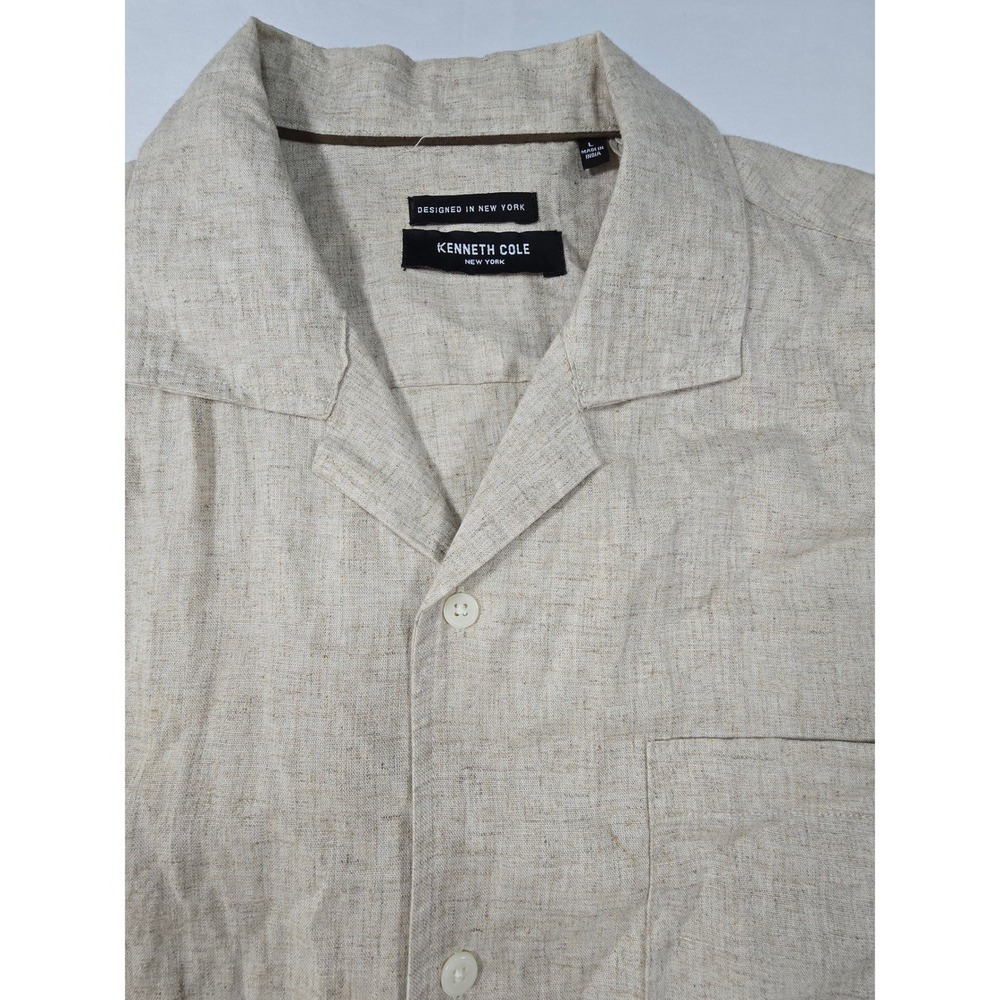 Kenneth Cole New York Mens Large Linen Blend Short Sleeve Camp Shirt Beige‎ Tan